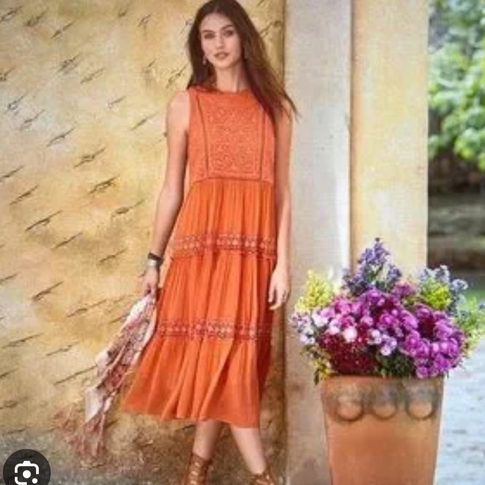 Sundance Yasmina Terracotta Embroidered Chiffon Lace Midi Dress Sz M Boho Sheer